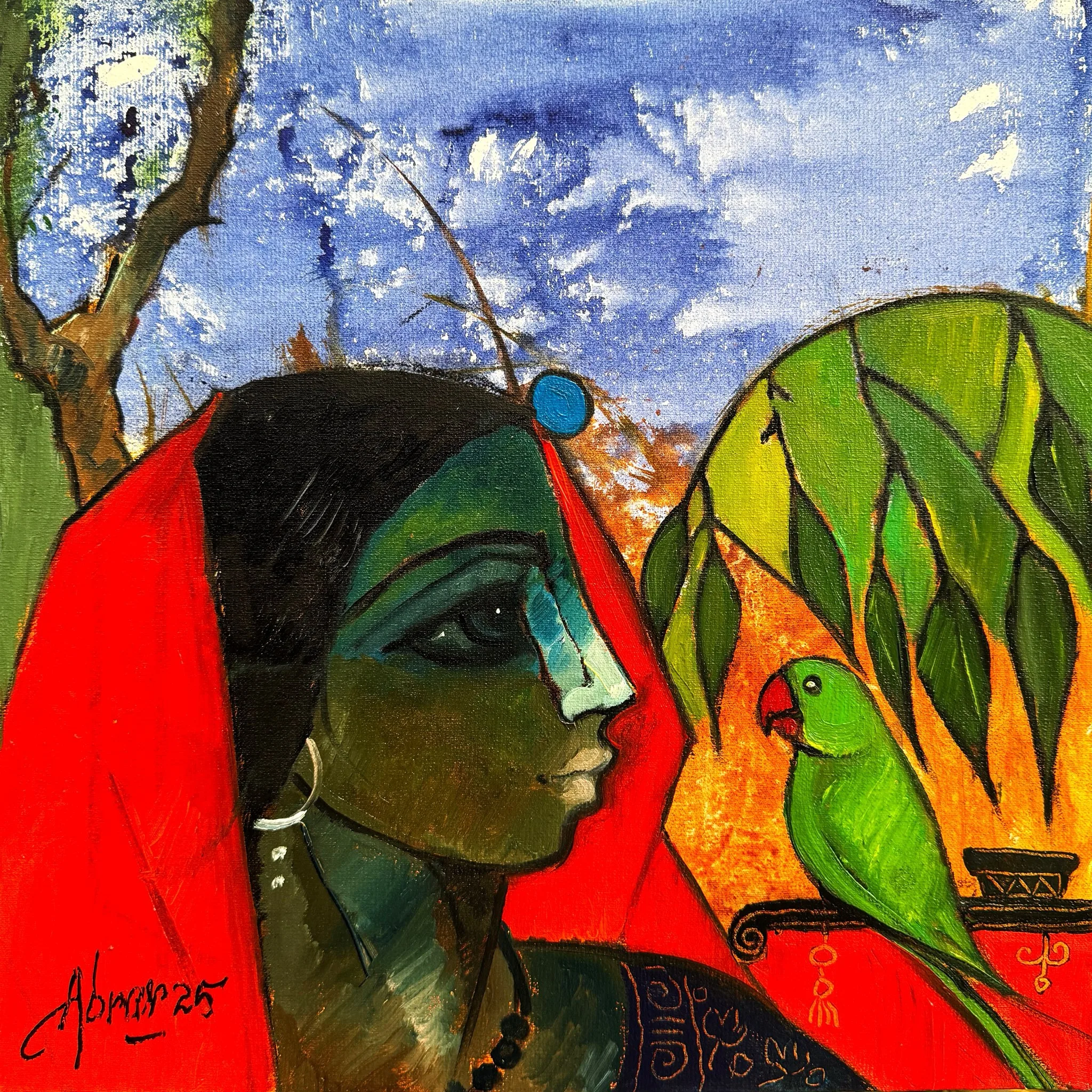 Abrar Ahmed  | Title: Whispers of the Parrot  | Medium: Oil On Canvas  | Size:  14x14 inches