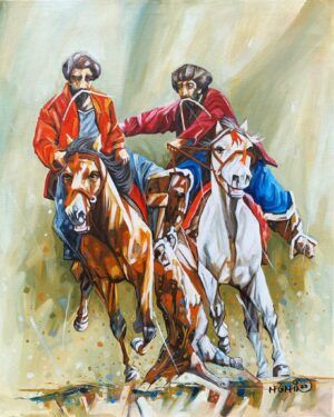 Momin Khan  | Title: Buzkashi  | Medium: Oil On Canvas   | Size: 24 x 30 inches
