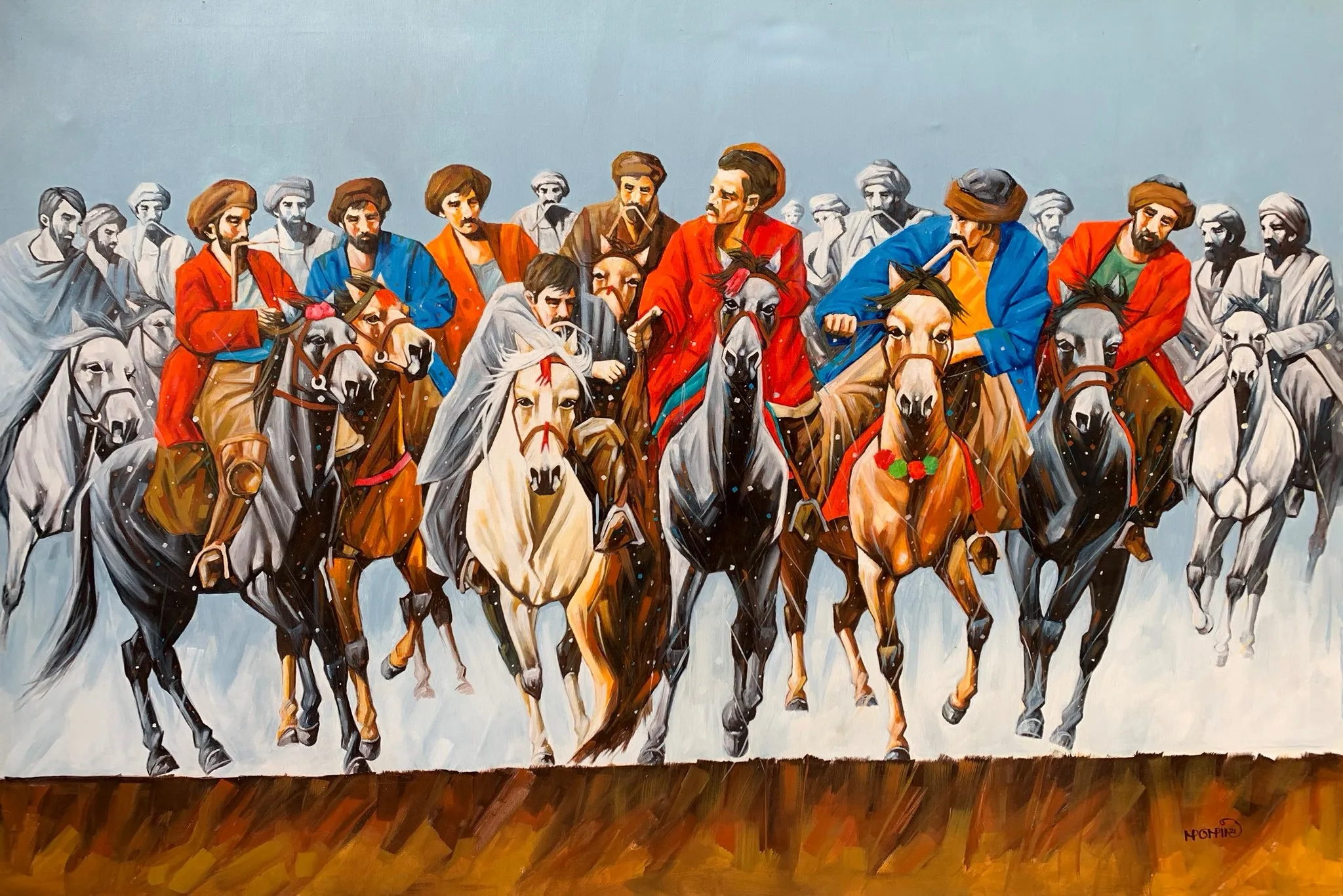 Momin Khan  | Title: Buzkashi  | Medium: Oil On Canvas   | Size: 48 x 72 inches