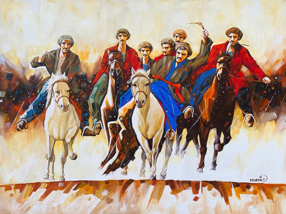 Momin Khan  | Title:  Buzkashi  | Medium: Oil On Canvas   | Size: 36 x 48 inches