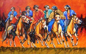 Momin Khan  | Title: Buzkashi  | Medium: Oil On Canvas   | Size: 30 x 48 inches