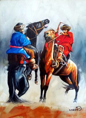Momin Khan  | Title: Buzkashi  | Medium: Oil On Canvas   | Size: 18 x 24 inches