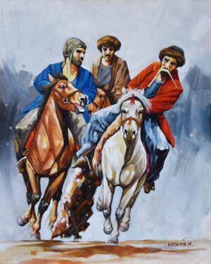 Momin Khan  | Title: Buzkashi  | Medium: Oil On Canvas   | Size: 16 x 20 inches