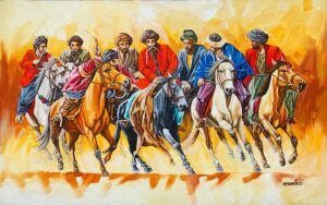 Momin Khan  | Title: Buzkashi  | Medium: Oil On Canvas   | Size: 30 x 48 inches