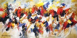 Mashkoor Raza| Title: Polo Players| Medium: Oil On Canvas | Size: 36x72 inches