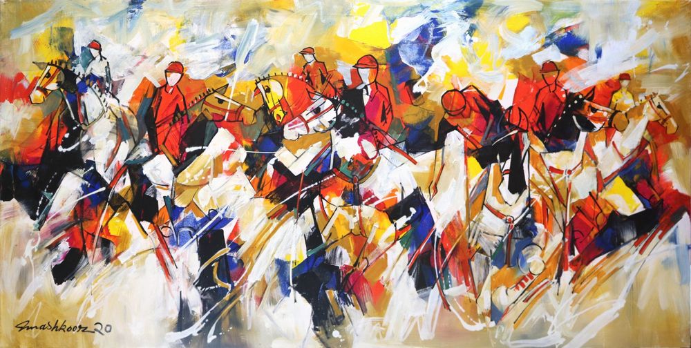 Mashkoor Raza| Title: Polo Players| Medium: Oil On Canvas | Size: 36x72 inches