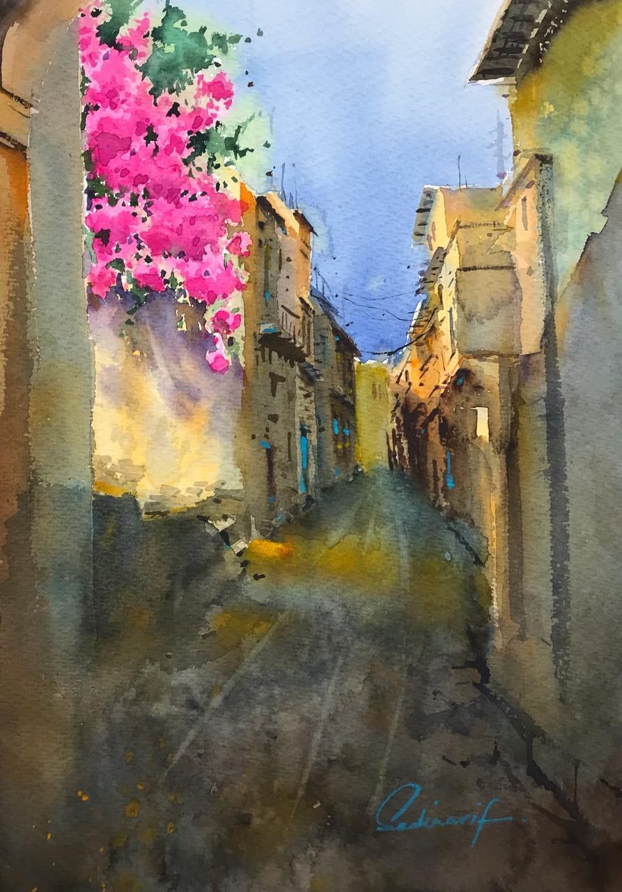 Sadia Arif | Title: Golden Alley | Medium: Watercolor On Paper | Size: 11x15 inches