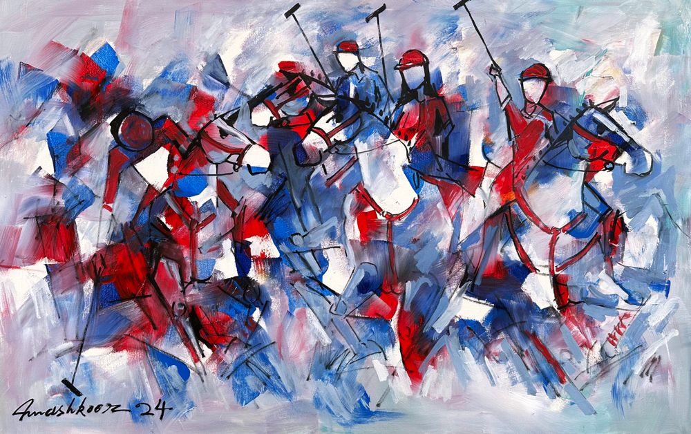 Mashkoor Raza | Title: Polo Players | Medium: Oil On Canvas | Size: 30x48 inches