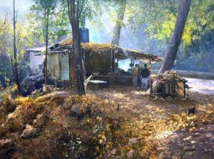 Ajab Khan | Title: Forest Chai Corner | Medium: Oil On Canvas | Size: 48x60 inches