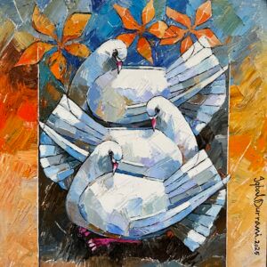 Iqbal Durrani | Title: Harmony of Doves | Medium: Oil on Canvas (Knife Work) | Size: 18 x 18 inches
